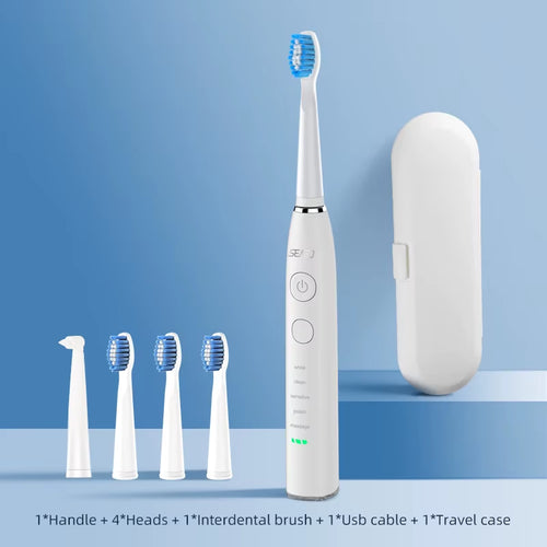 Experience Ultimate Oral Care with the SG-575 Electric Sonic Toothbrush - USB Rechargeable, 360 Days Battery Life, IPX7 Waterproof, and 4 Replacement Heads!