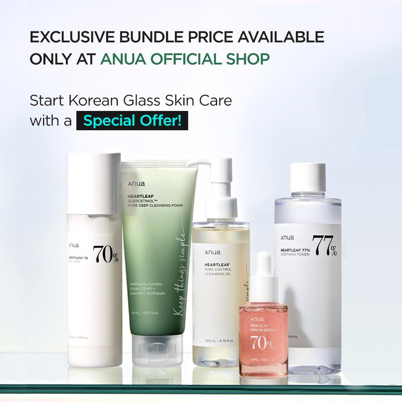 Achieve Radiant Glass Skin with Anua's Complete Korean Skincare Set - Oil Cleanser, Deep Cleansing Foam, Heartleaf Toner, Brightening Serum, and Calming Moisturizer for Youth & Adults!