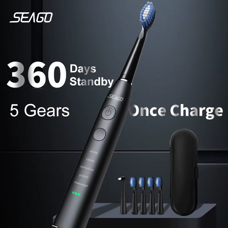 Experience Ultimate Oral Care with the SG-575 Electric Sonic Toothbrush - USB Rechargeable, 360 Days Battery Life, IPX7 Waterproof, and 4 Replacement Heads!