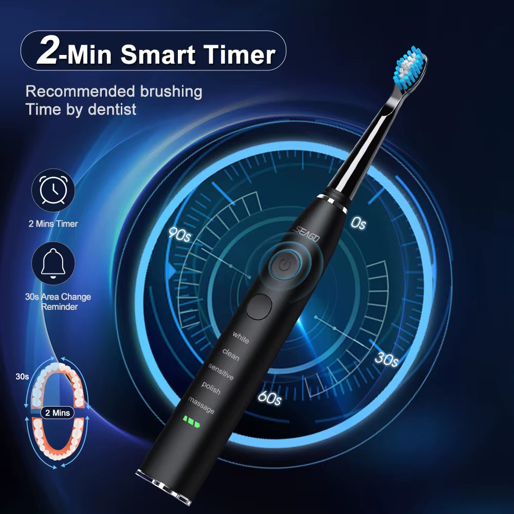 Experience Ultimate Oral Care with the SG-575 Electric Sonic Toothbrush - USB Rechargeable, 360 Days Battery Life, IPX7 Waterproof, and 4 Replacement Heads!