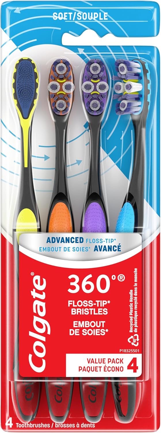 Experience Superior Clean with Colgate 360 Advanced Floss Tip Soft Bristle Toothbrush - 4 Pack with Ergonomic Handle and Tongue Cleaner