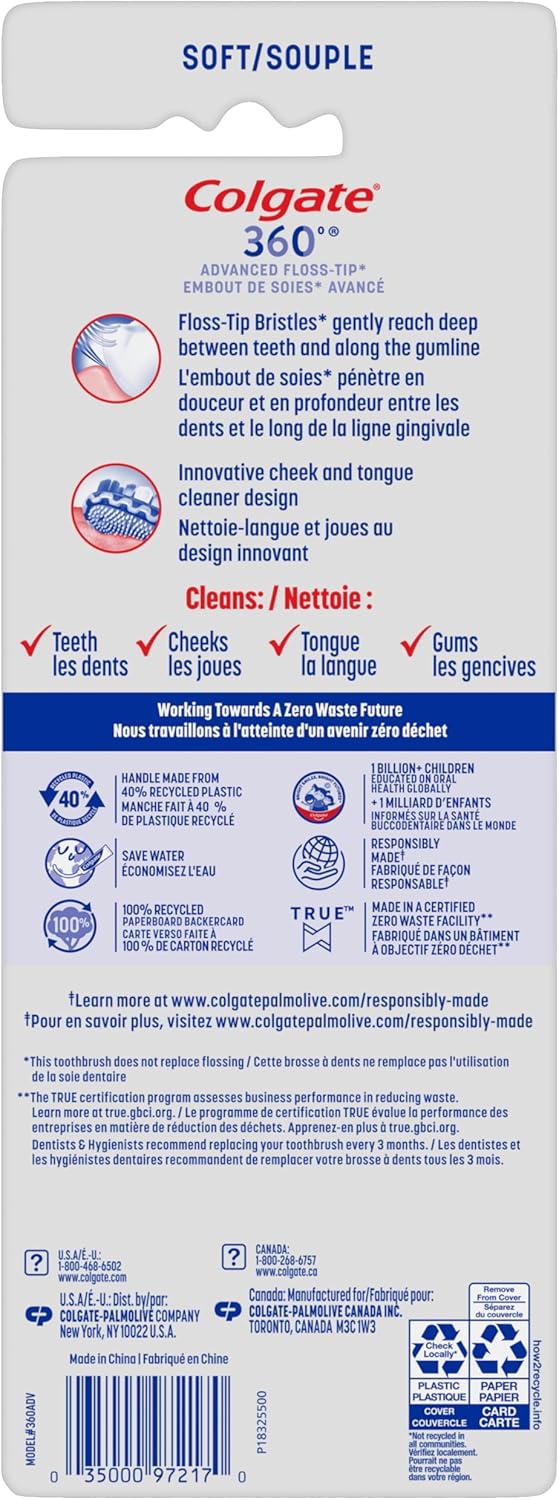 Experience Superior Clean with Colgate 360 Advanced Floss Tip Soft Bristle Toothbrush - 4 Pack with Ergonomic Handle and Tongue Cleaner