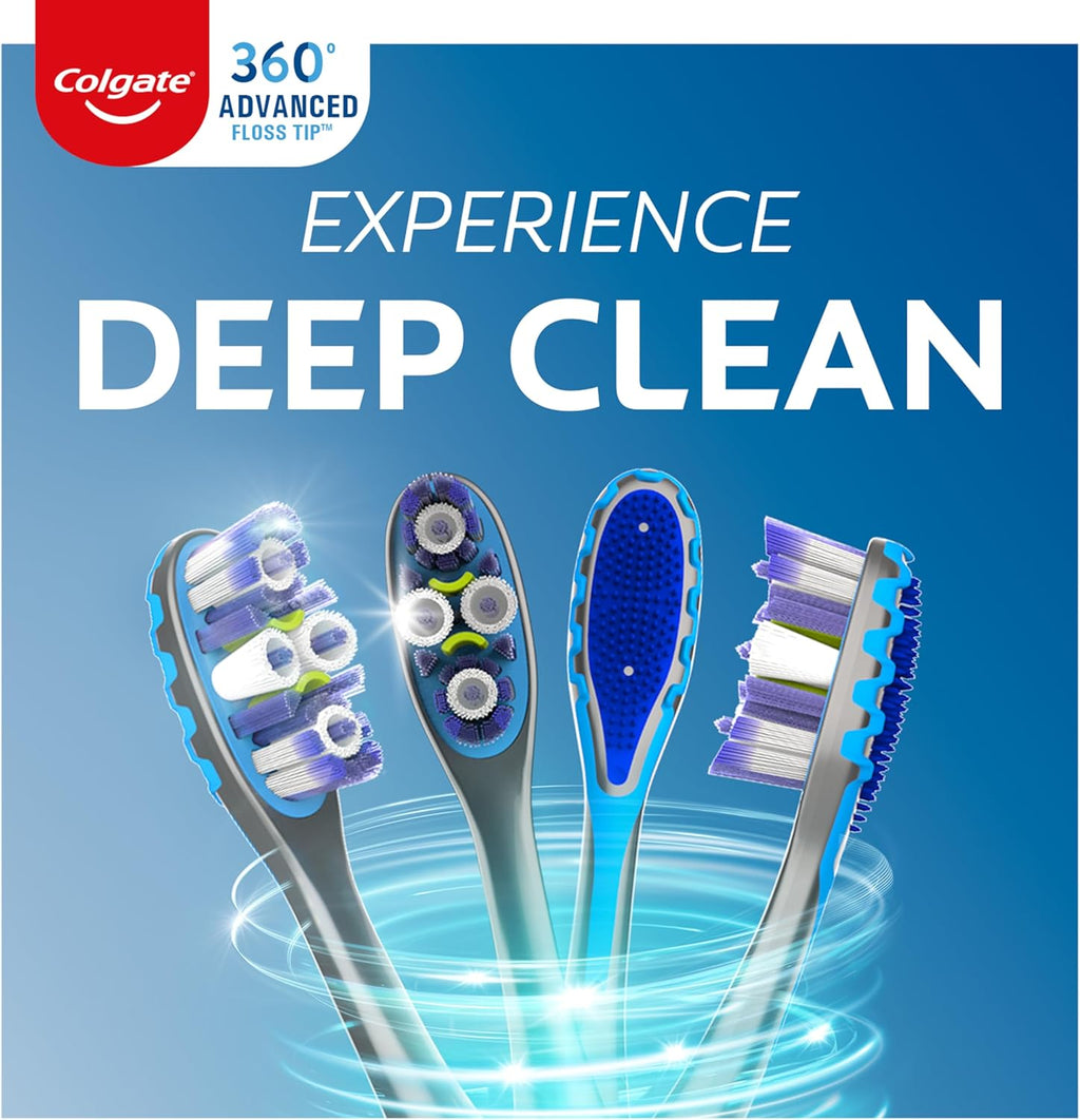 Experience Superior Clean with Colgate 360 Advanced Floss Tip Soft Bristle Toothbrush - 4 Pack with Ergonomic Handle and Tongue Cleaner