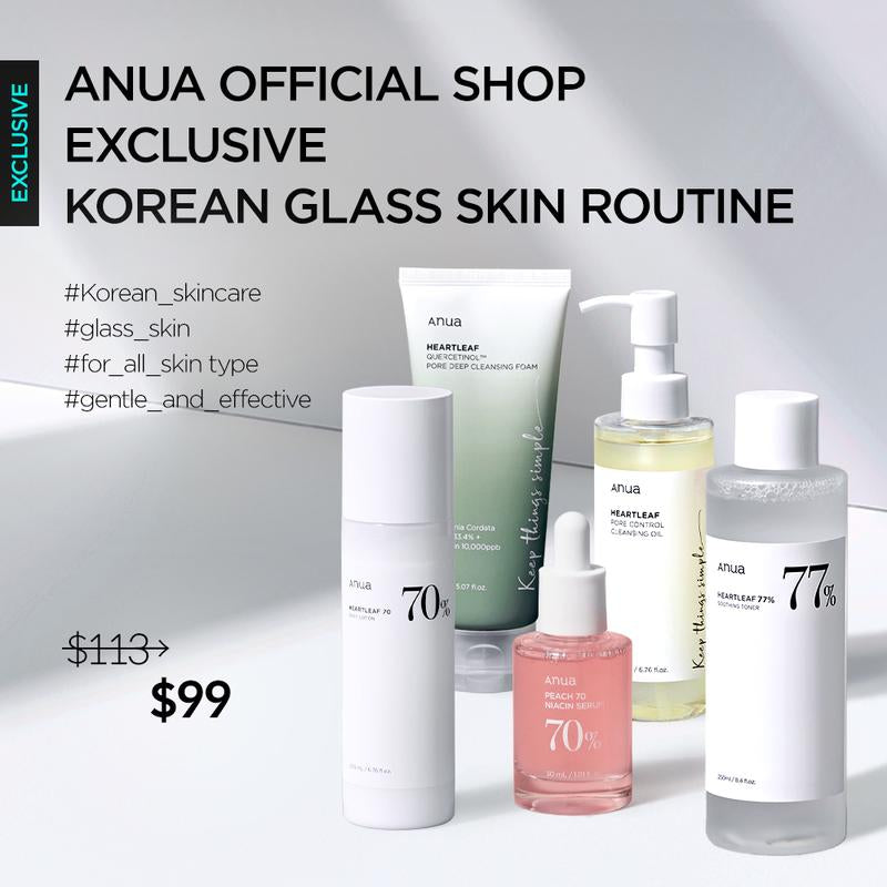 Achieve Radiant Glass Skin with Anua's Complete Korean Skincare Set - Oil Cleanser, Deep Cleansing Foam, Heartleaf Toner, Brightening Serum, and Calming Moisturizer for Youth & Adults!