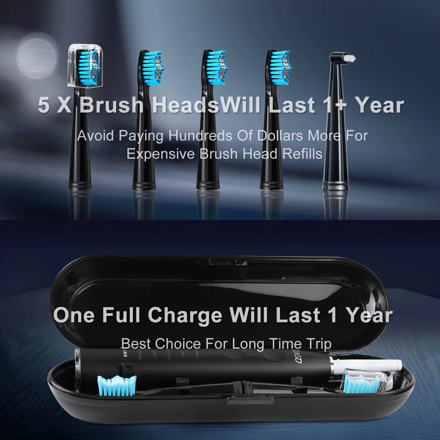 Experience Ultimate Oral Care with the SG-575 Electric Sonic Toothbrush - USB Rechargeable, 360 Days Battery Life, IPX7 Waterproof, and 4 Replacement Heads!