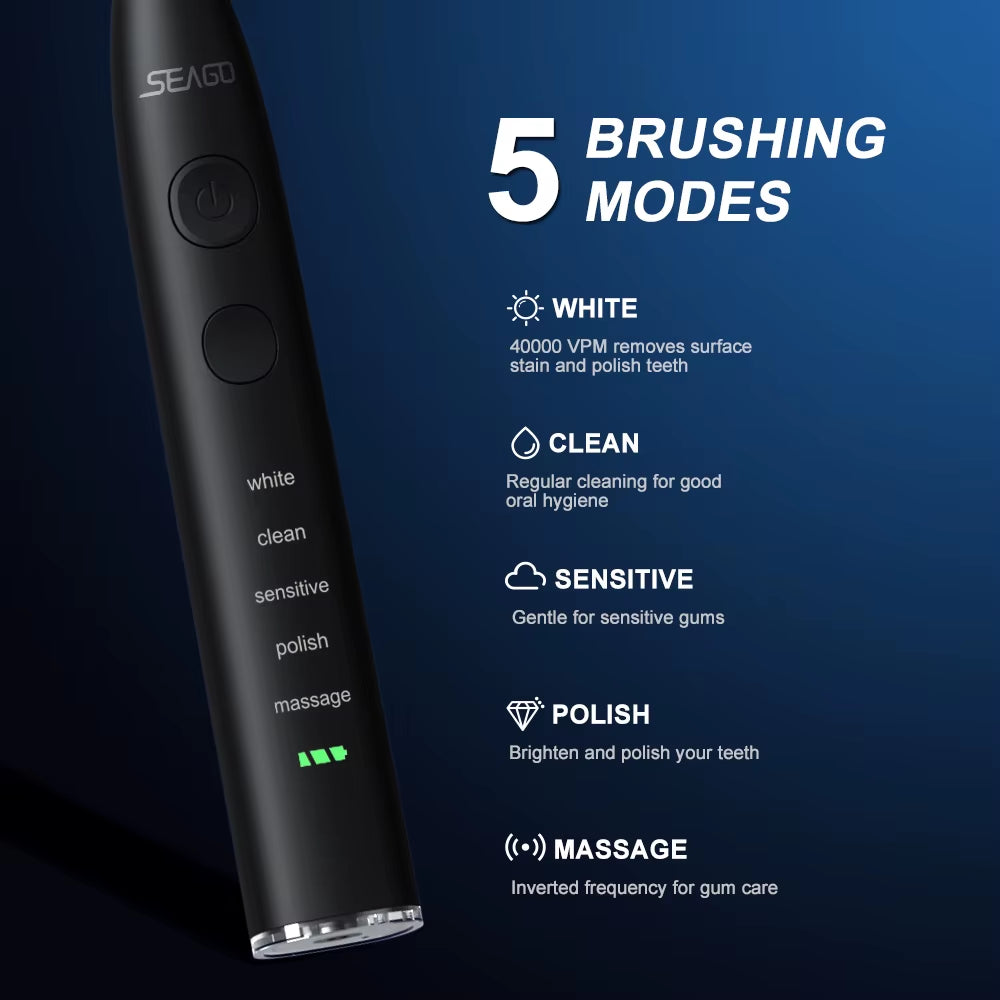 Experience Ultimate Oral Care with the SG-575 Electric Sonic Toothbrush - USB Rechargeable, 360 Days Battery Life, IPX7 Waterproof, and 4 Replacement Heads!