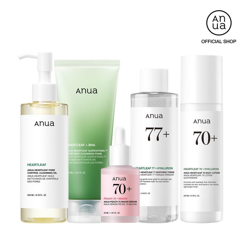 Achieve Radiant Glass Skin with Anua's Complete Korean Skincare Set - Oil Cleanser, Deep Cleansing Foam, Heartleaf Toner, Brightening Serum, and Calming Moisturizer for Youth & Adults!